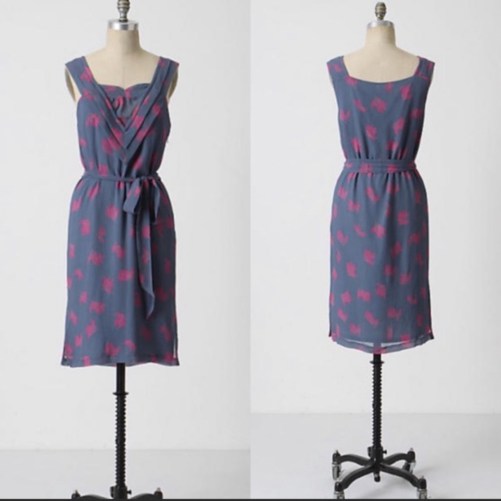 Anthropologie Slate Blue Midi Dress with Pink Floral Print